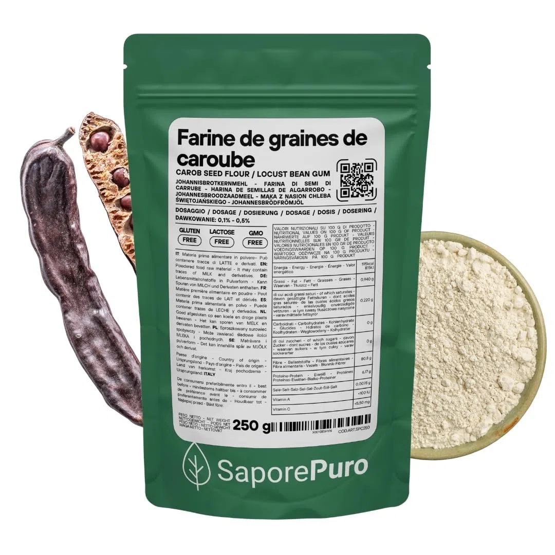 Saporepuro Farine de Graines de Caroube 250 g – SANS GLUTEN – Épaississant et gélifiant naturel 100% pur – Idéale pour Glaces, Sorbets, Desserts et Sauces