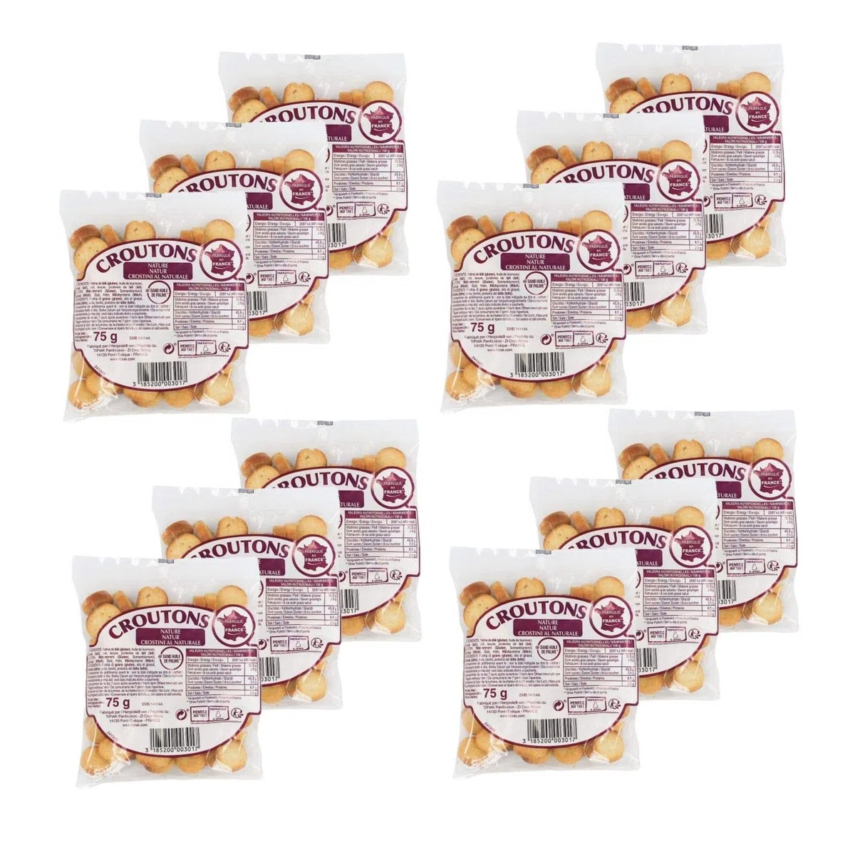 Lot de 12 Croûtons Nature Tipiak 75g – Croûtons grillés pour soupe et salade – Format maxi économique – Texture croustillante