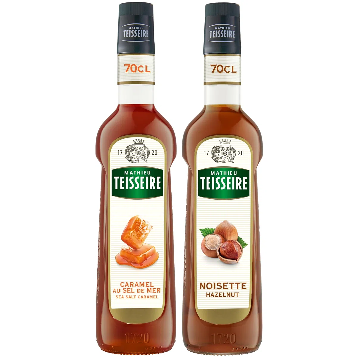 Mathieu Teisseire - Assortiment de Sirop Caramel sel de mer et de Sirop de Noisette pour boissons chaudes et froides, cafés, chocolats 2x70cl