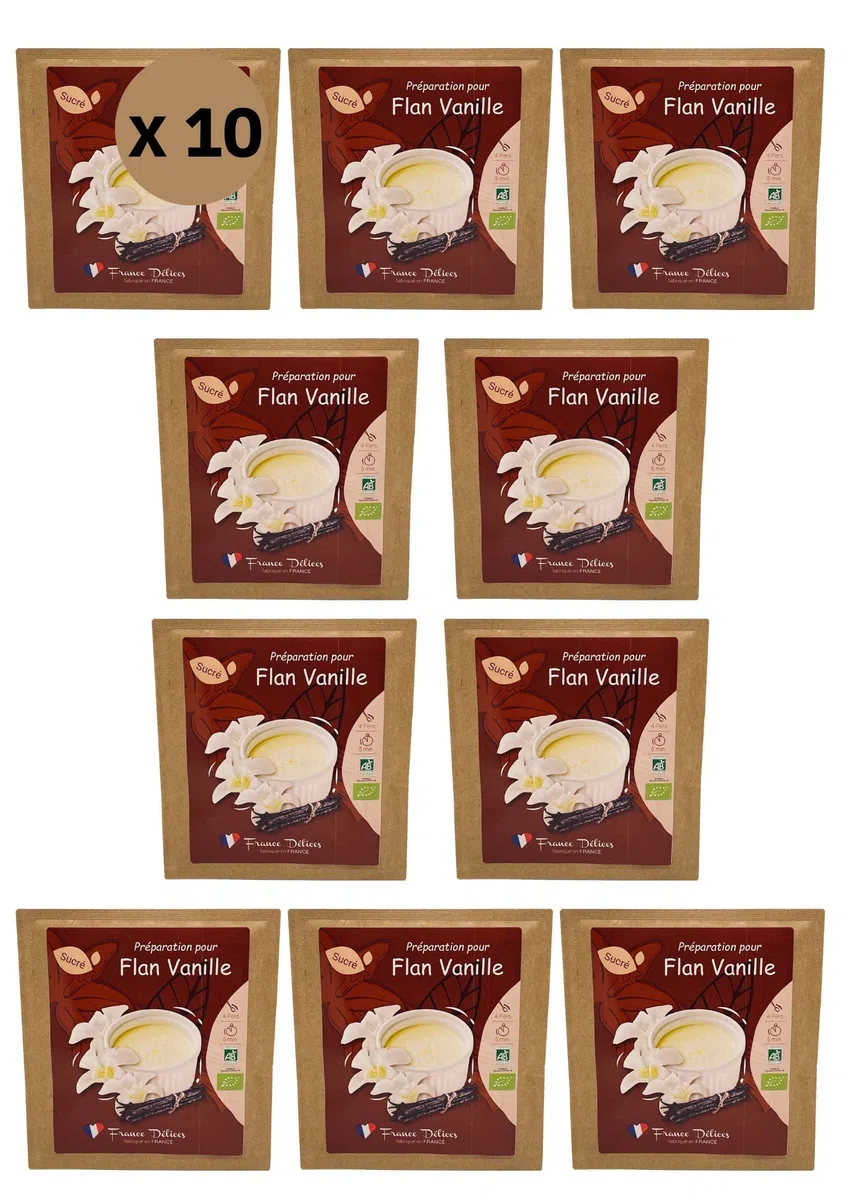 FRANCE DÉLICES - Préparation Pâtisserie pour Flan À La Vanille Bio - Dessert Ou Goûter Gourmand Et Naturel - Prêt En 5min - Fabrication Artisanale En France – Sans Gluten - 4 Pers. - 10 Sachets De 40g