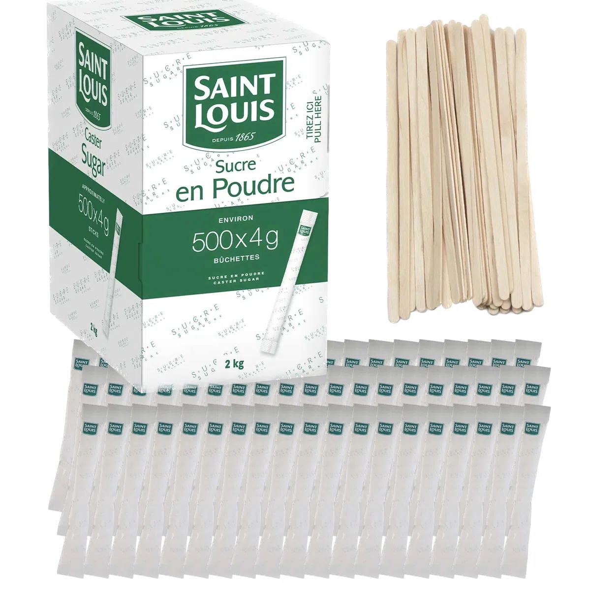 2 KG - Lot de 500 sachets SAINT LOUIS bûchettes de sucre cristallisé individuels de 4g (2kg) avec agitateurs en bois - Idéal pour les boissons chaudes, cafés et thés - Pratique et facile à utiliser