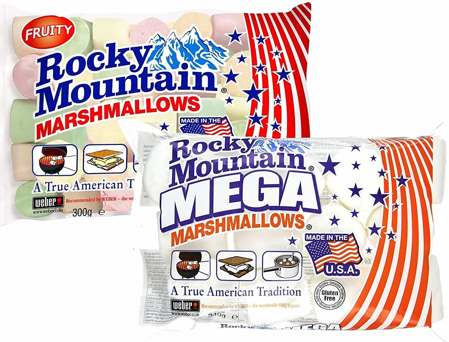 Rocky Mountain Marshmallows Tasting Set Fruity & Mega, des bonbons américains traditionnels colorés à rôtir sur un feu de camp, à griller ou à cuire, au goût de fruits, (1x300g, 1x340g)